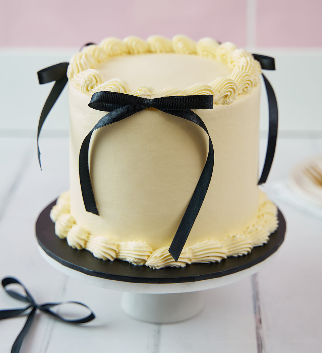 White and Black Ribbons and Ruffles Cake – Lola's