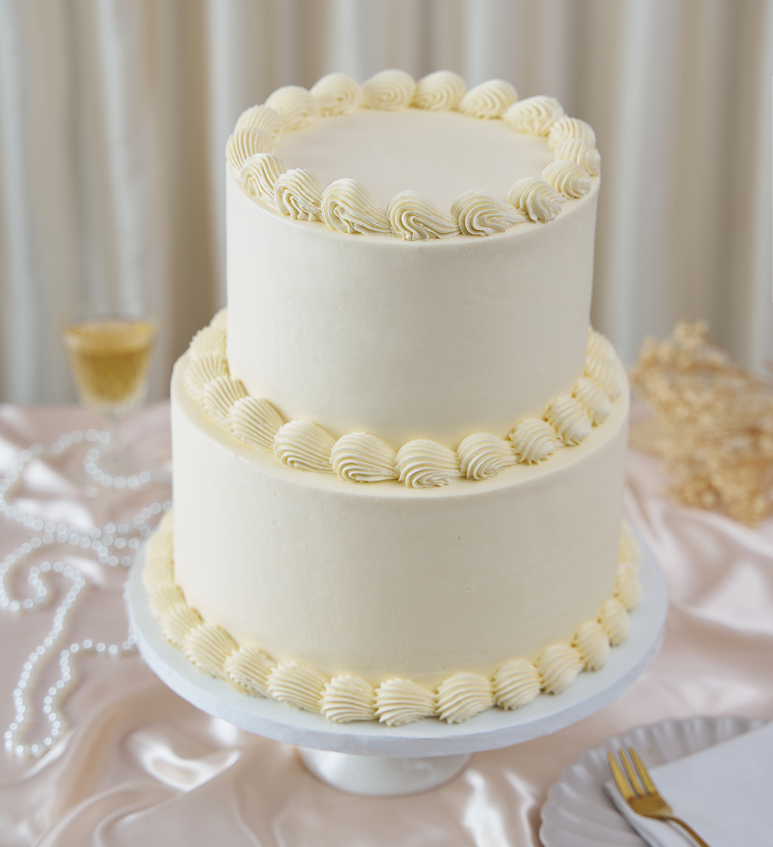 White Ribbons and Ruffles Cake