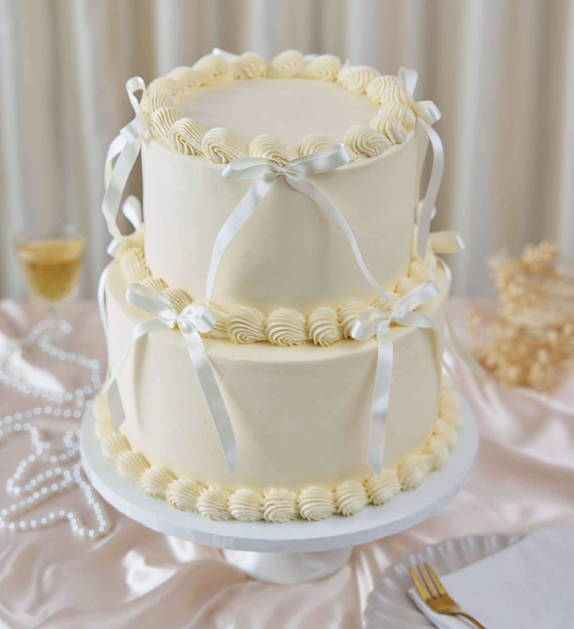 White Ribbons and Ruffles Cake