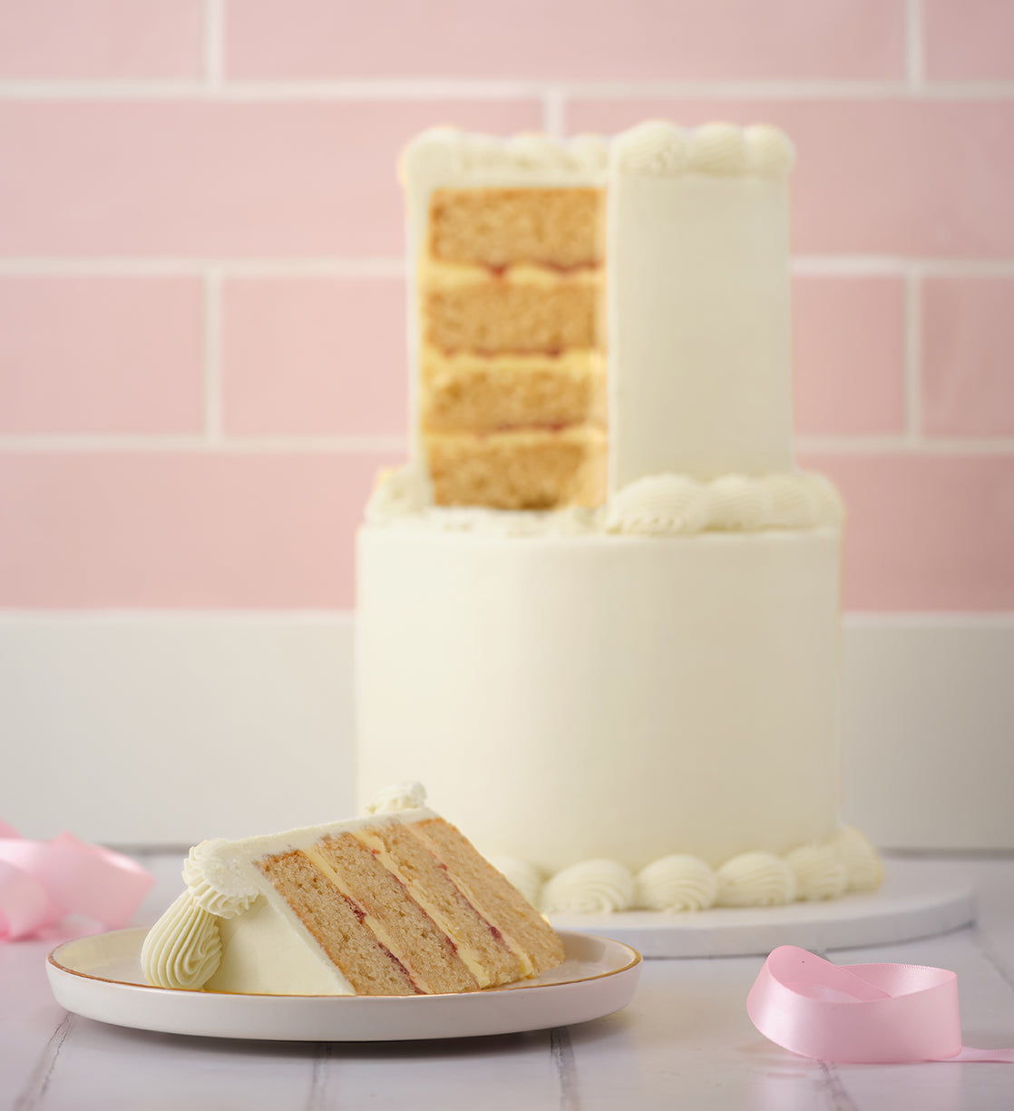 White Mini Two Tier Ribbons and Ruffles Cake