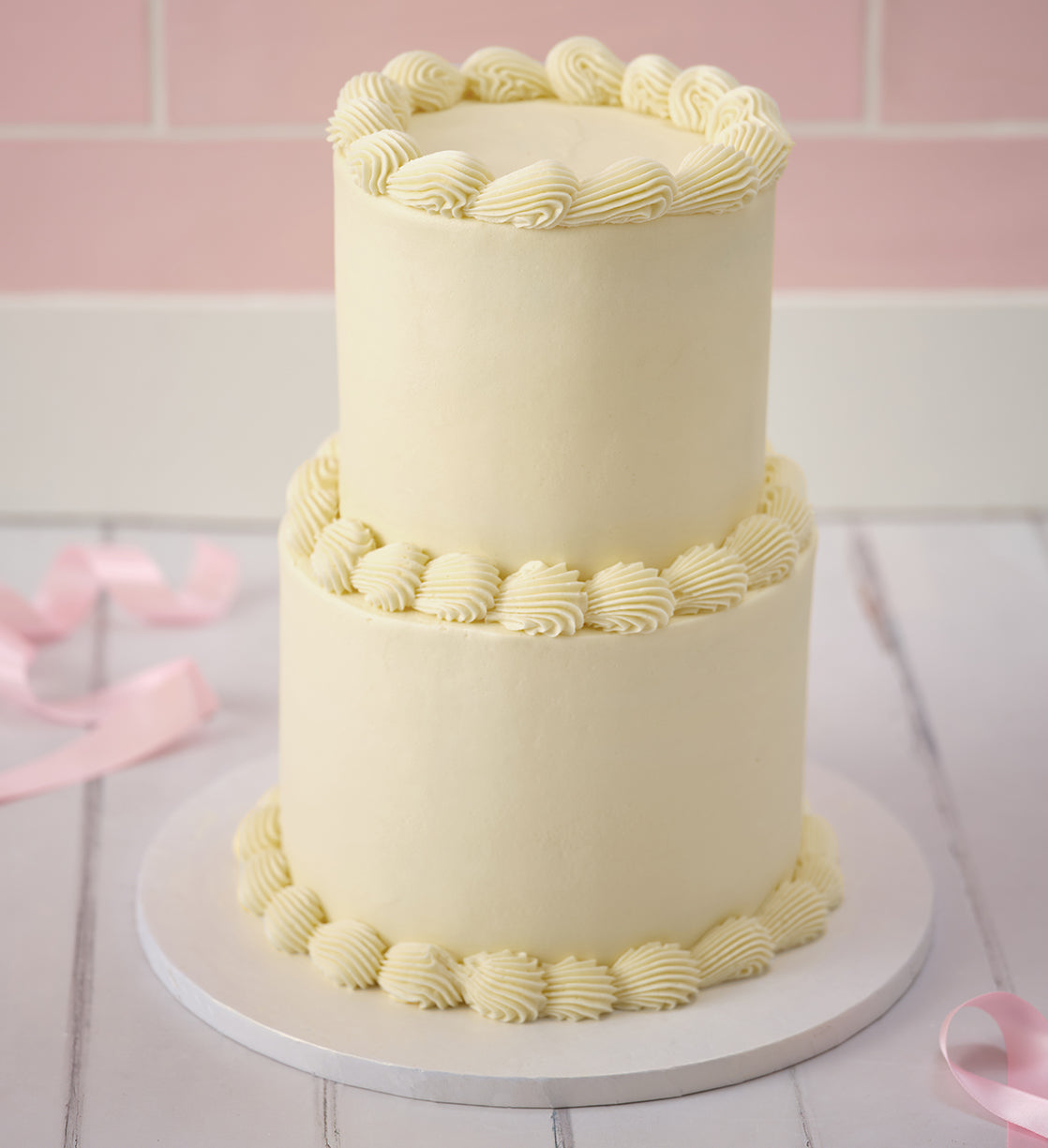 White Mini Two Tier Ribbons and Ruffles Cake