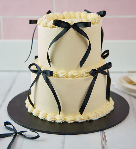 White and Black Mini Two Tier Ribbons and Ruffles Cake