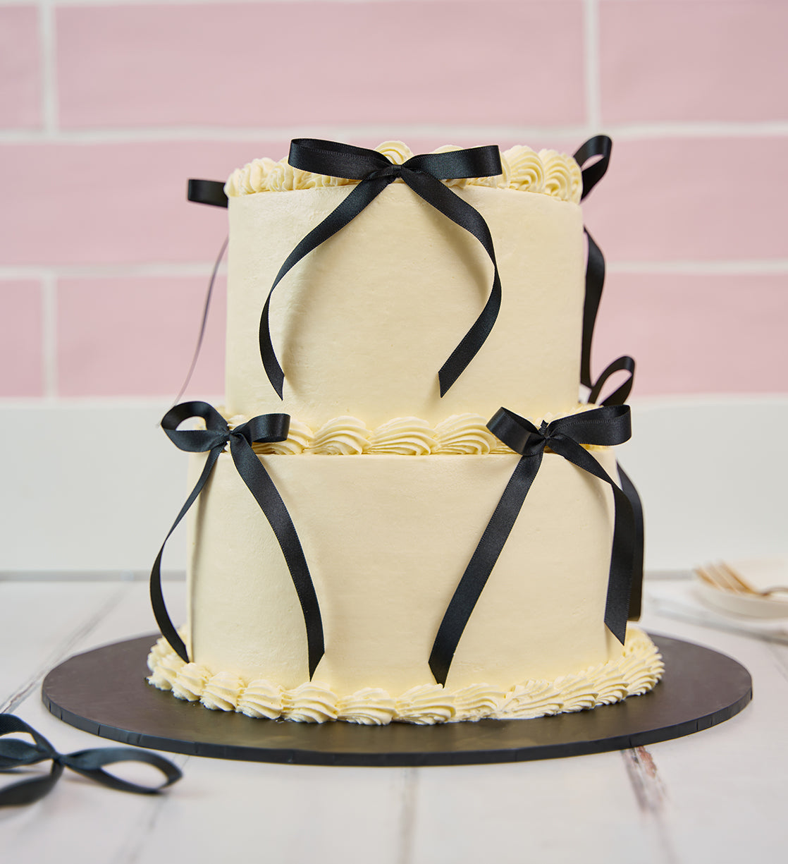 White and Black Mini Two Tier Ribbons and Ruffles Cake