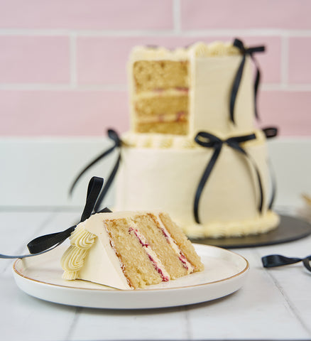 White and Black Mini Two Tier Ribbons and Ruffles Cake