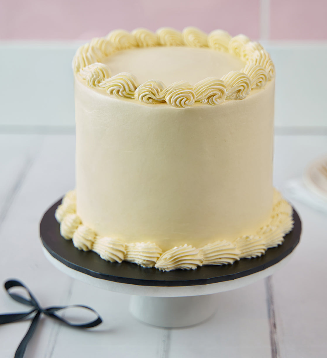 White and Black Ribbons and Ruffles Cake