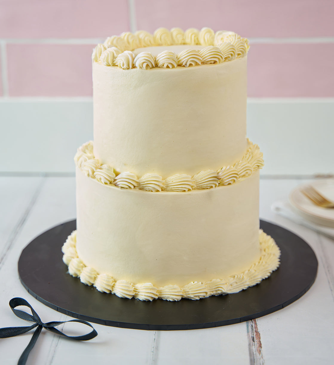 White and Black Mini Two Tier Ribbons and Ruffles Cake