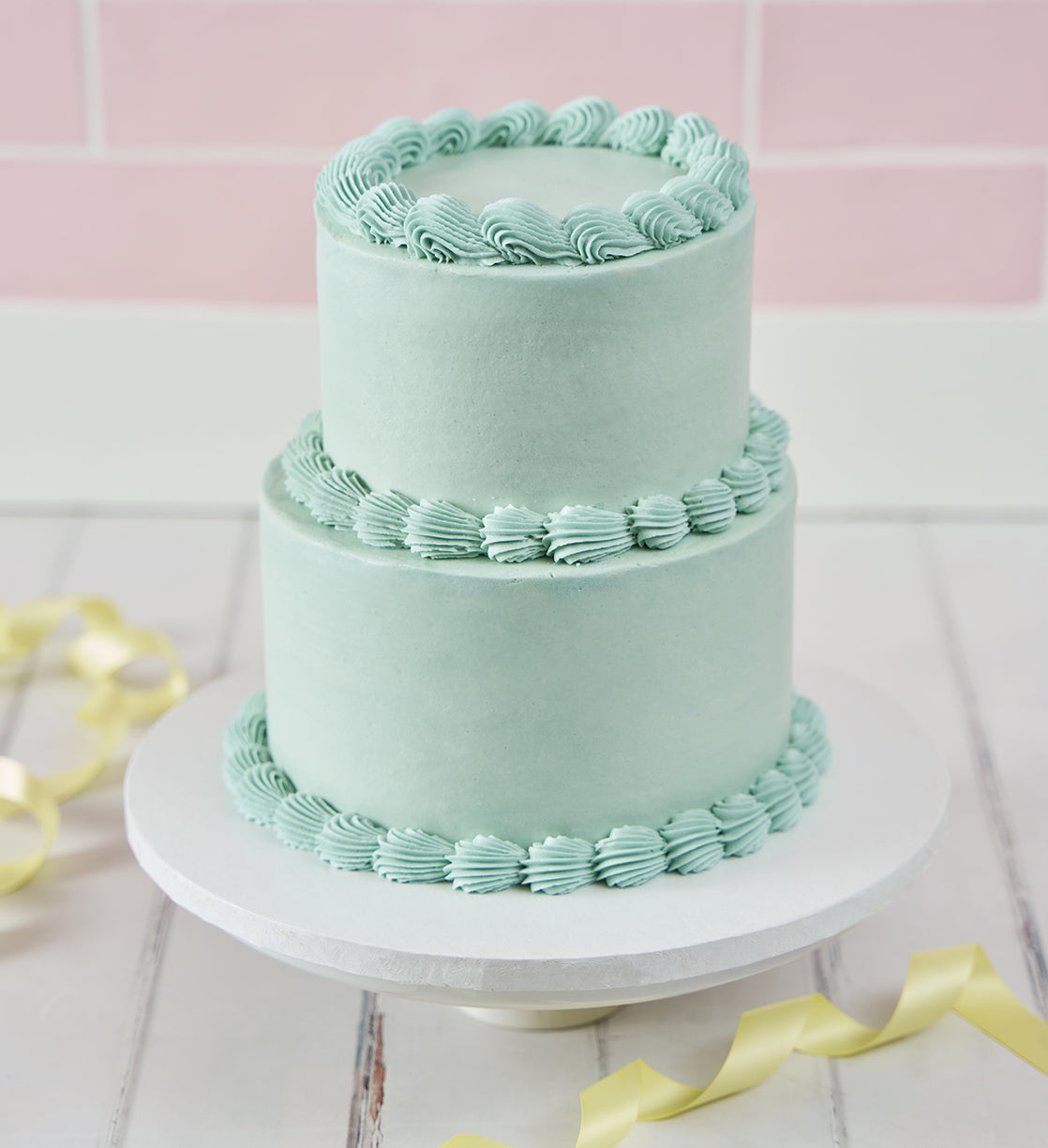 Blue Mini Two Tier Ribbons and Ruffles Cake